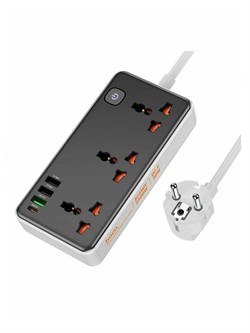 Сетевой фильтр удлинитель Hoco AC8A 3 розетки 3 USB 1 Type-C 2500W 1.5м черный 6942007600095 - фото 31575