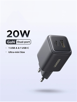 Сетевое зарядное устройство UGREEN X514 (65737) 20W 2-Port USB-C +USB GaN Fast Charger EU черный 6941876267378
