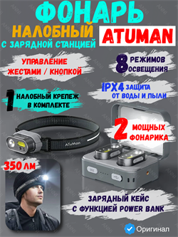 Портативная док станция с 2 налобными фонарями EDC Xiaomi ATuMan Duka MH1 Dual light Multifunctional Charging Case Set Серый 6971720841584
