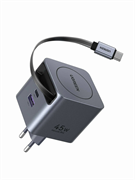 Сетевое зарядное устройство с выдвижным кабелем UGREEN X614 (65822) 45W GaN Fast Charger USB-C + USB-A with Retractable Cable USB-C серый 6941876268221