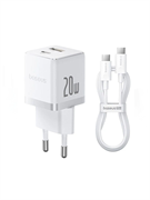 Сетевое зарядное устройство Baseus Palm 20W 1xUSB-A 1xUSB-C PD QC 3.0 (CCZC20UE) P10111608213-01 с кабелем USB-C-USB-C 60W 1 м белый 6932172677374